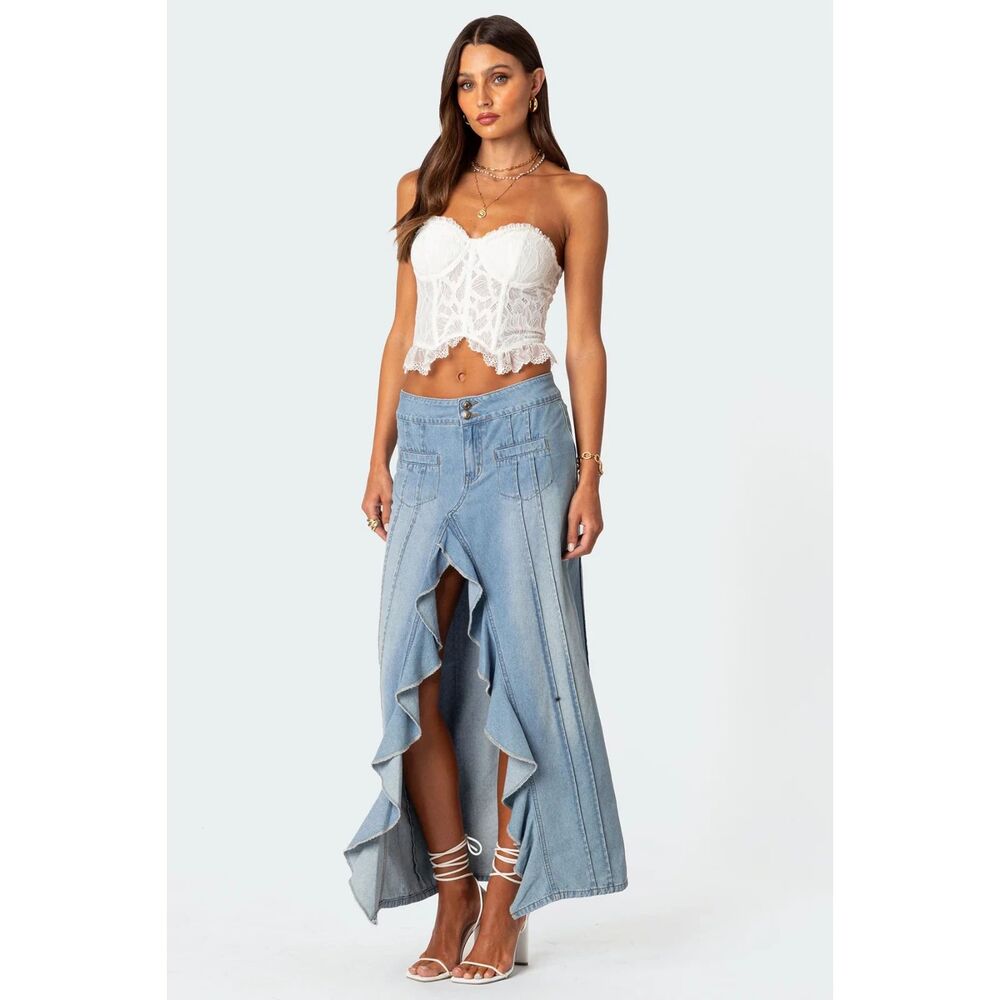 Edikted Valencia Ruffle Slitted Denim Maxi Skirt Sz M 90s y2k